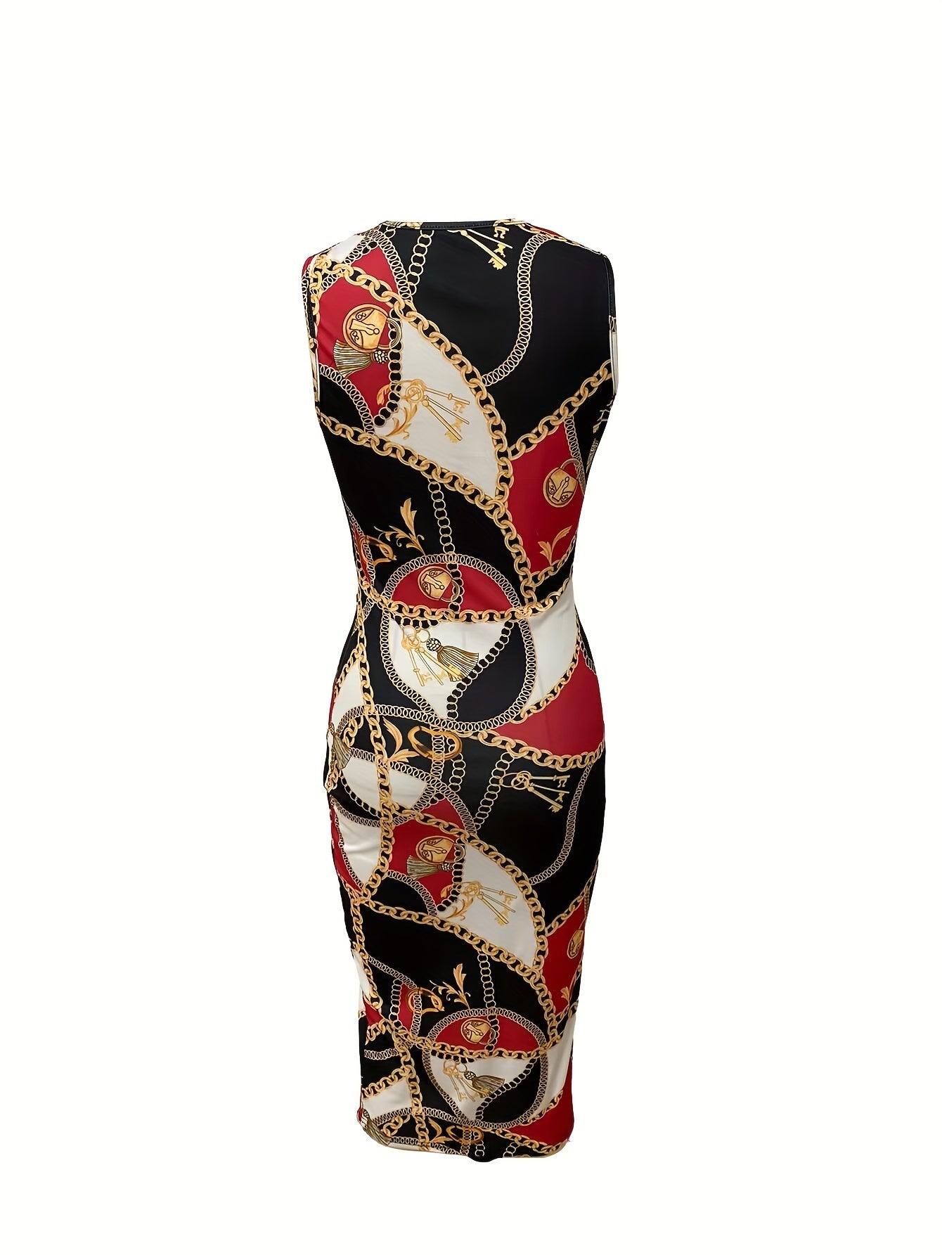 Summer 2019 Women’s Sleeveless Bodycon Midi Dress - Sexy Chain Print, Crew Neck, Stretch Polyester Blend, Black/Red/Golden Design, Machine Washable